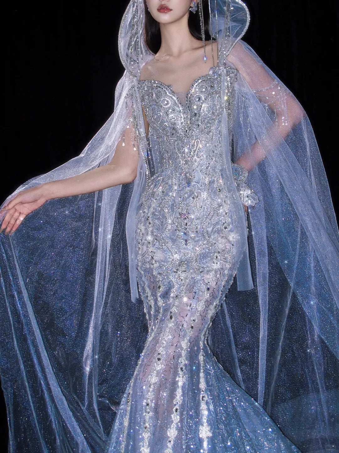 Beautiful Mermaid Sweetheart Silver Evening Dress Beaded Tulle Prom Dress TH329