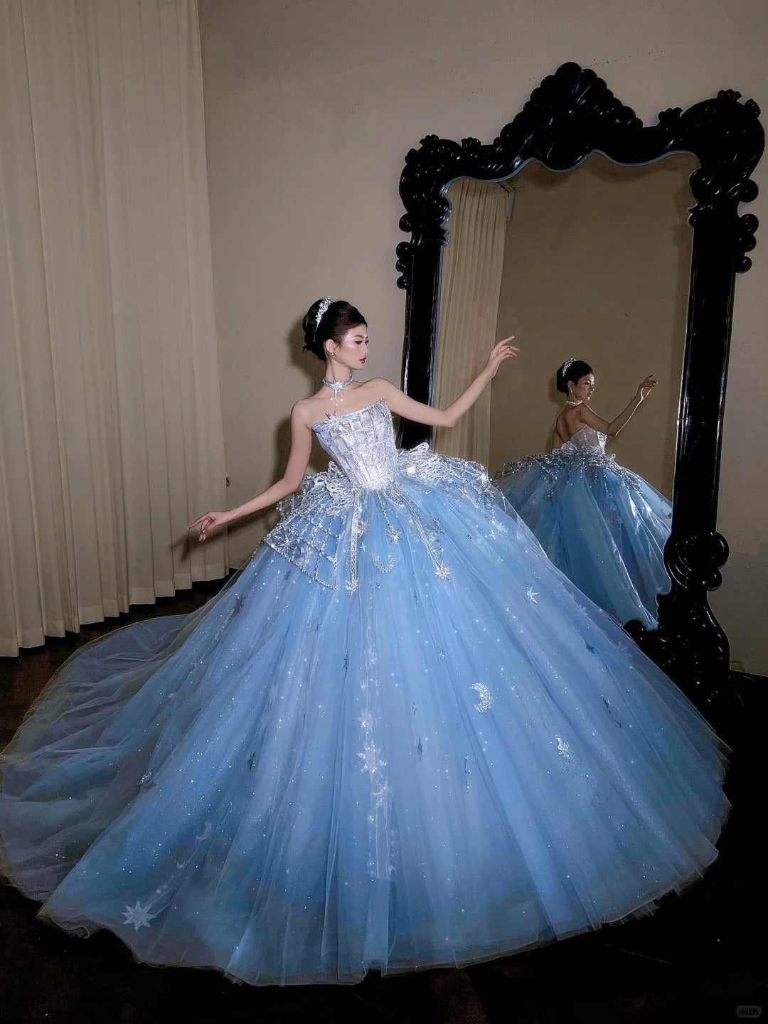 Beautiful Ball Gown Off-the-Shoulder Blue Evening Dress Beaded Tulle Prom Dress TH330