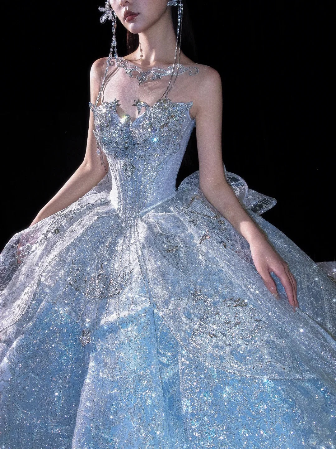 Beautiful Ball Gown Off-the-Shoulder Silver Evening Dress Beaded Lace Prom Dress TH331