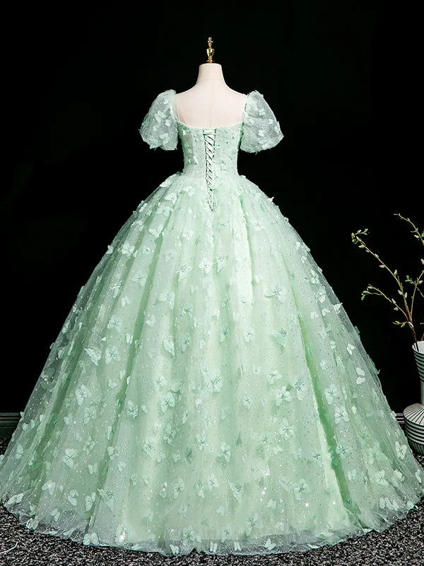 A-Line Puff Sleeves Tulle Lace Green Long Prom Dress, Green Long Formal Dress TH368