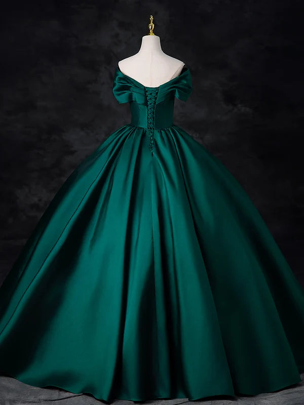 A-Line Off Shoulder Satin Green Long Prom Dress, Green Long Formal Dress TH369