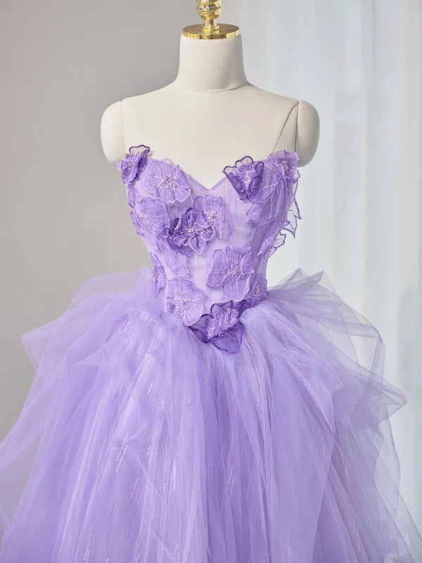 Purple Sweetheart Neck Tulle Applique Long Prom Dress, Purple Long Sweet 16 Dress TH371