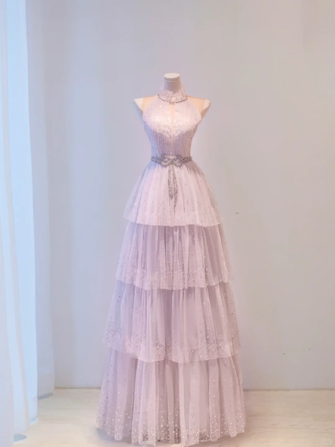 Elegant A-line Halter Neck Pink Evening Dress Cascade Beaded Satin Prom Dress TH378