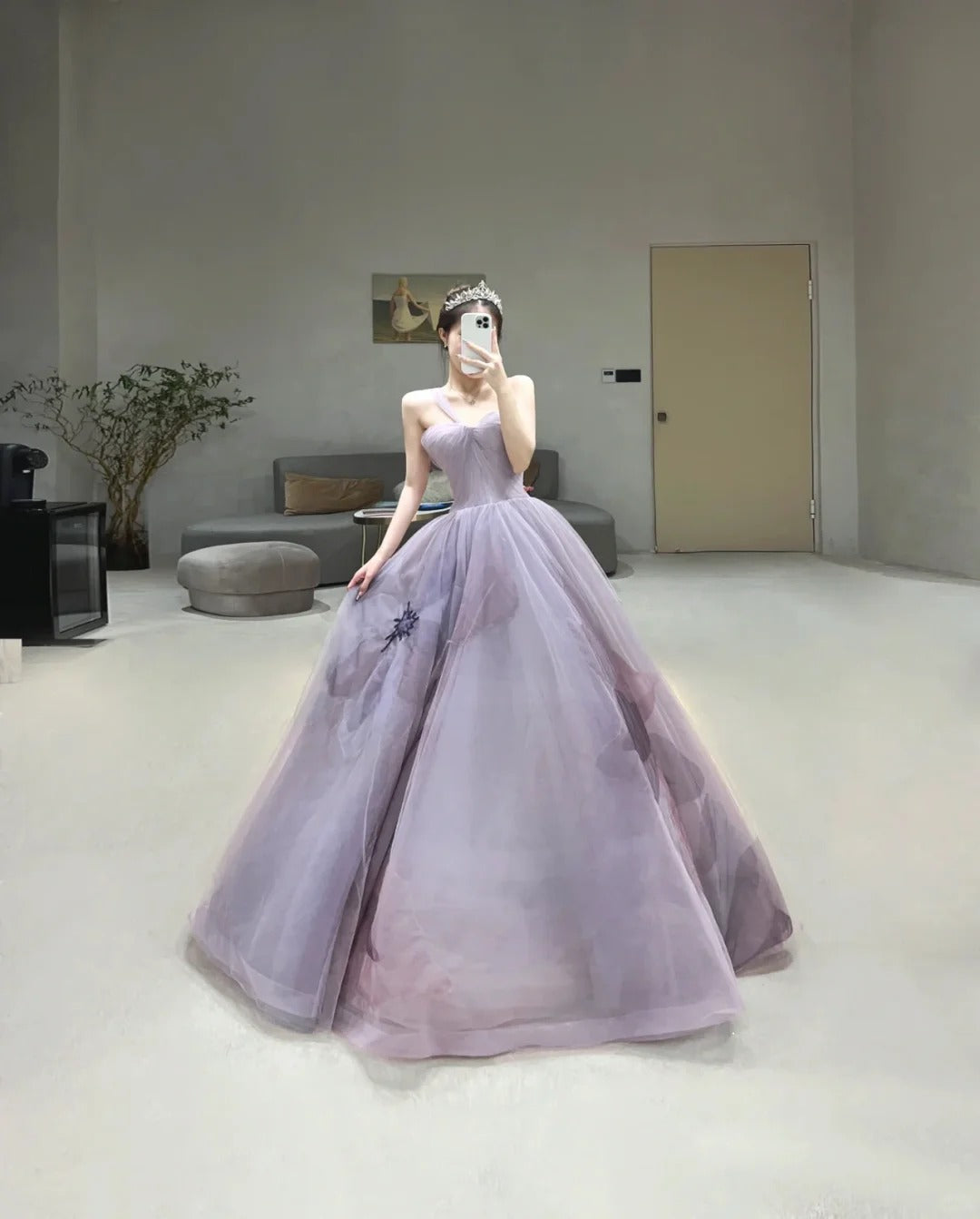 Elegant Ball Gown One-the-Shoulder Purple Evening Dress Tulle Prom Dress TH382