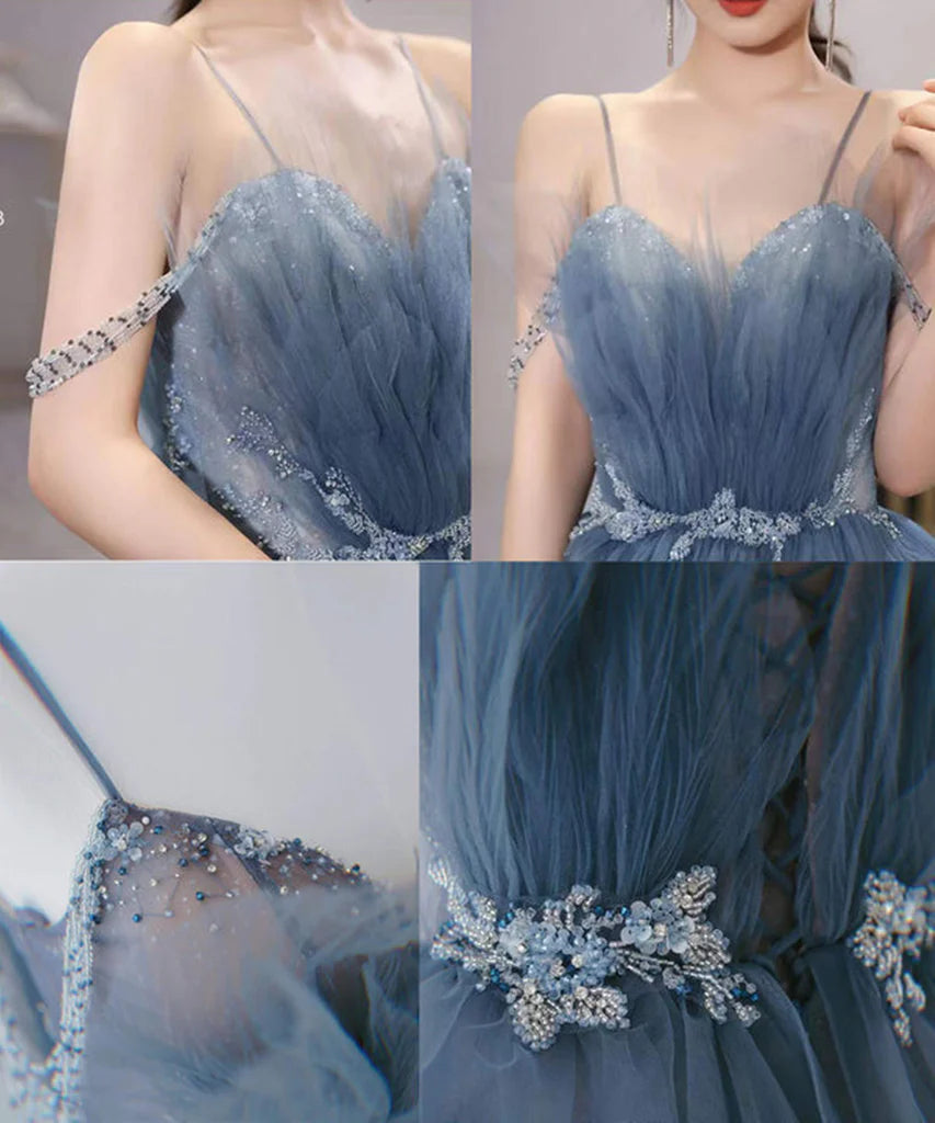 Gorgeous Blue Sparkly Tulle Beaded Prom Dress, Tiered Formal Gown With Rhinestone Tp01