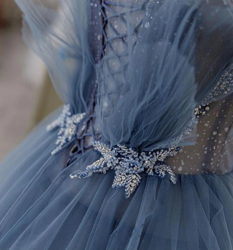 Gorgeous Blue Sparkly Tulle Beaded Prom Dress, Tiered Formal Gown With Rhinestone Tp01