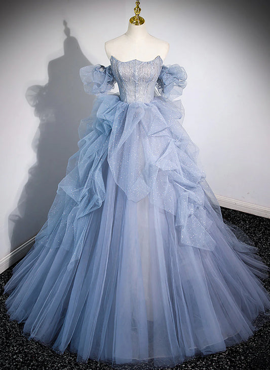 Blue Tulle Beaded Off Shoulder New Style Prom Dress, Blue Evening Dress Formal Dress TP1103