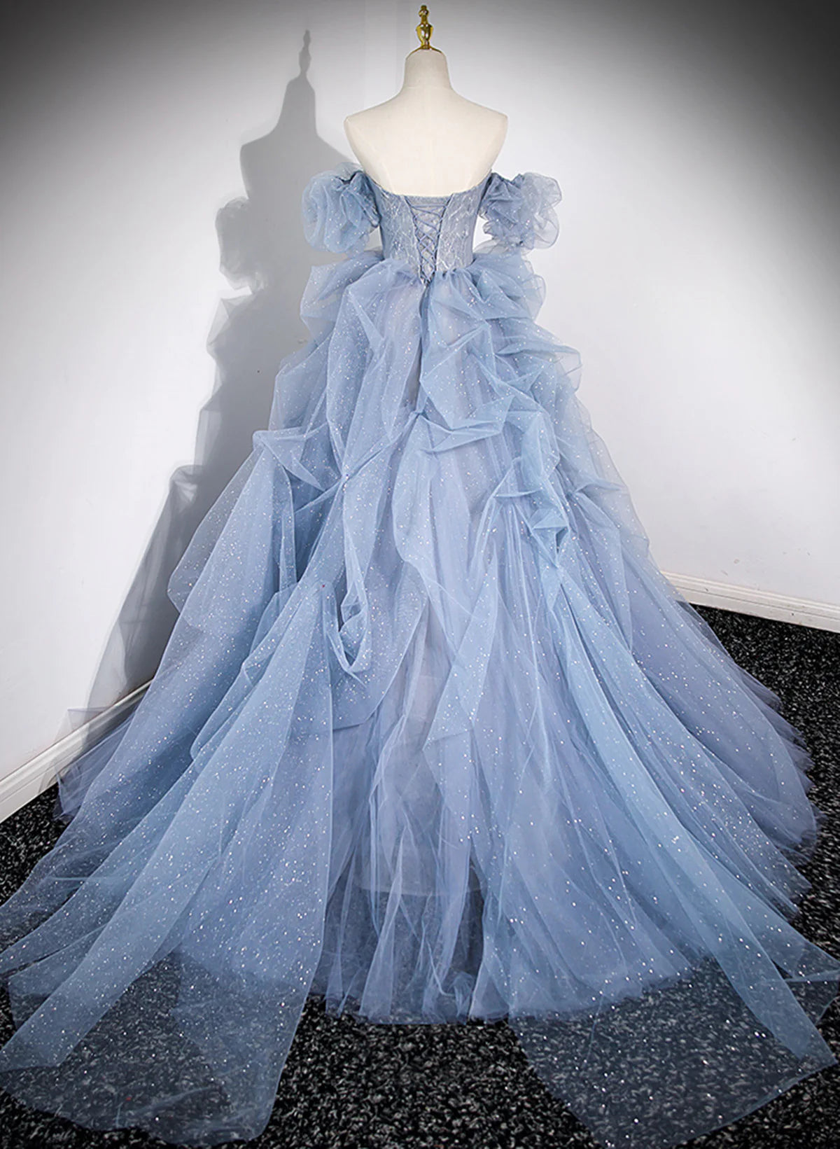 Blue Tulle Beaded Off Shoulder New Style Prom Dress, Blue Evening Dress Formal Dress TP1103