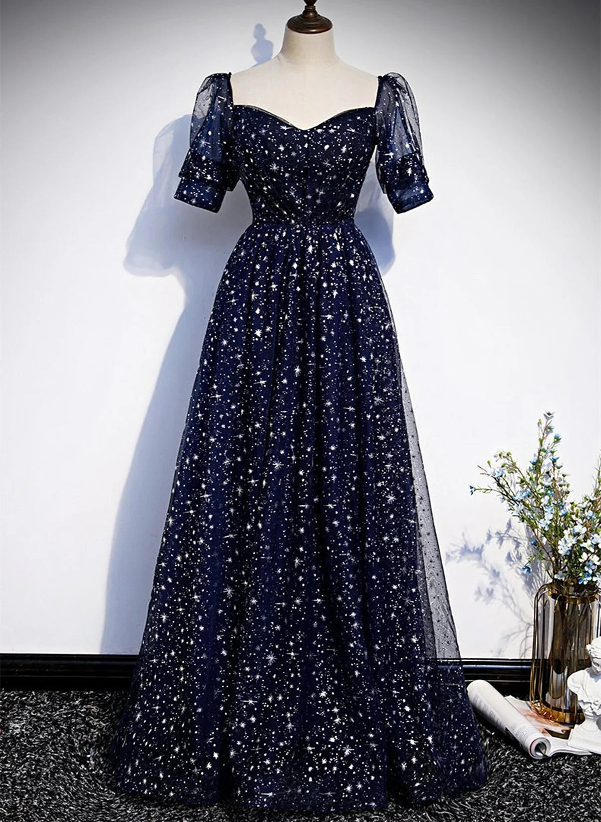 Navy Blue Tulle Simple Prom Dress, A-line Navy Blue Tulle Evening Dress TP1105