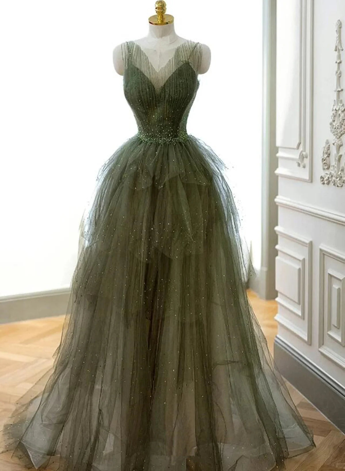 Green Tulle Beaded Straps Long Evening Dress, Green Tulle Prom Dress Party Dress TP1120