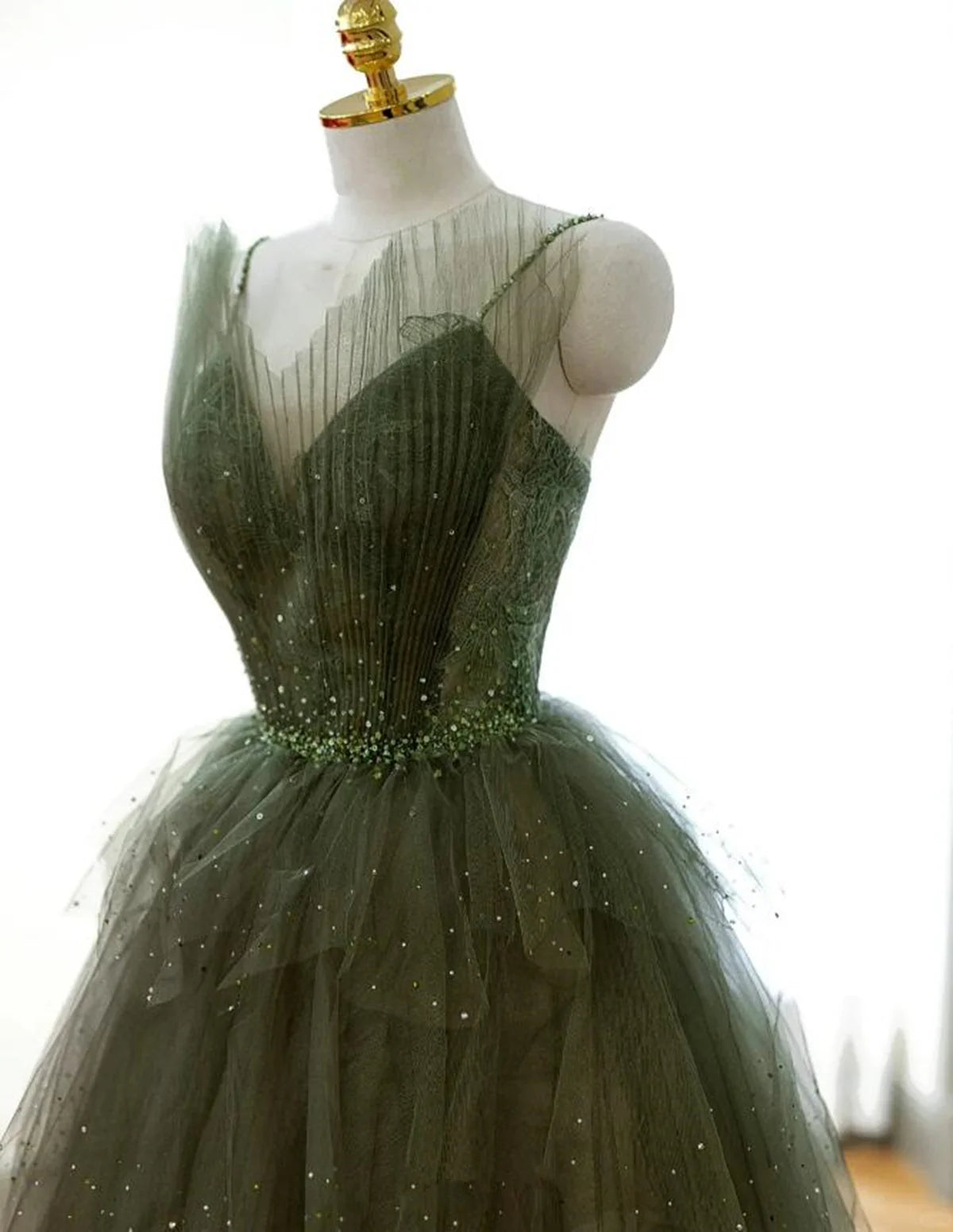 Green Tulle Beaded Straps Long Evening Dress, Green Tulle Prom Dress Party Dress TP1120