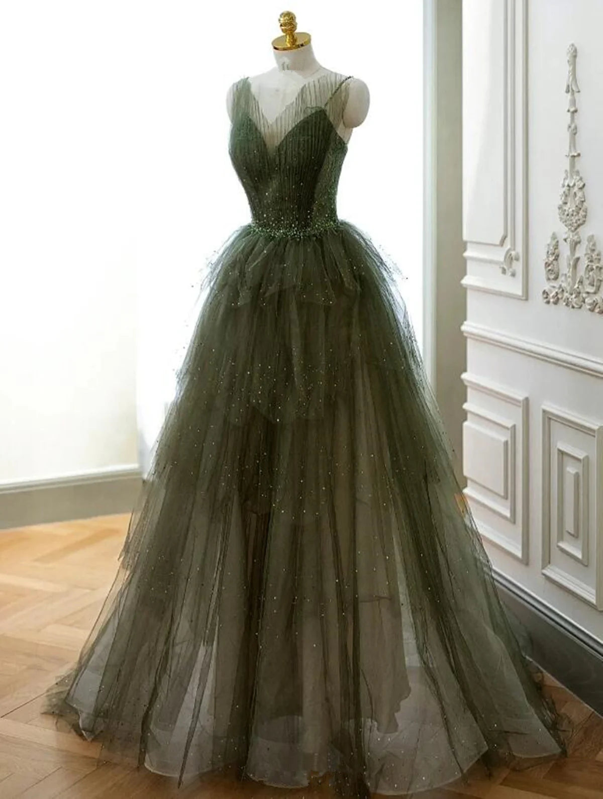 Green Tulle Beaded Straps Long Evening Dress, Green Tulle Prom Dress Party Dress TP1120
