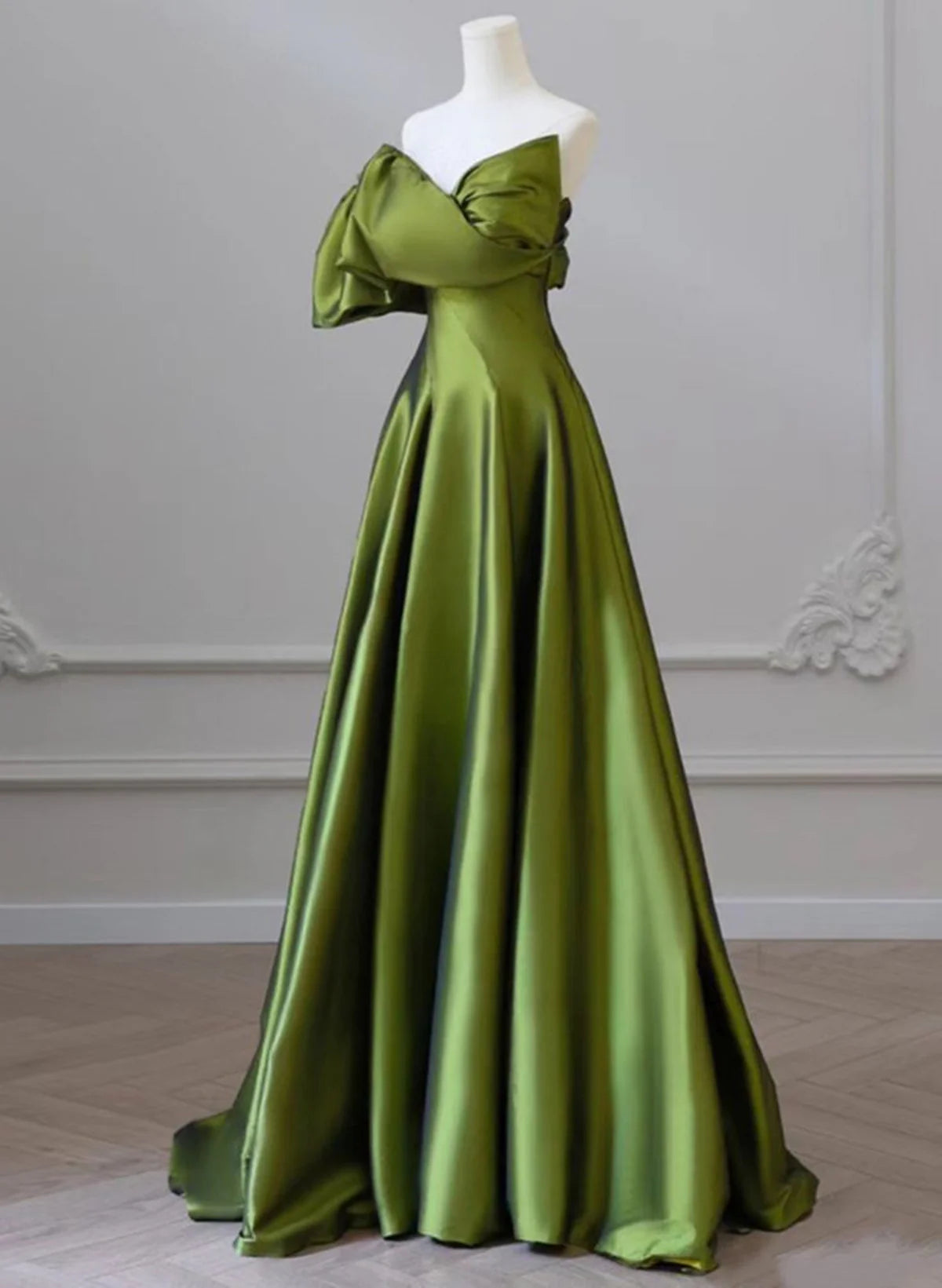 Green One-Shoulder Short Sleeves Backless Sweep Train Prom Dress, Green Party Dress TP1122