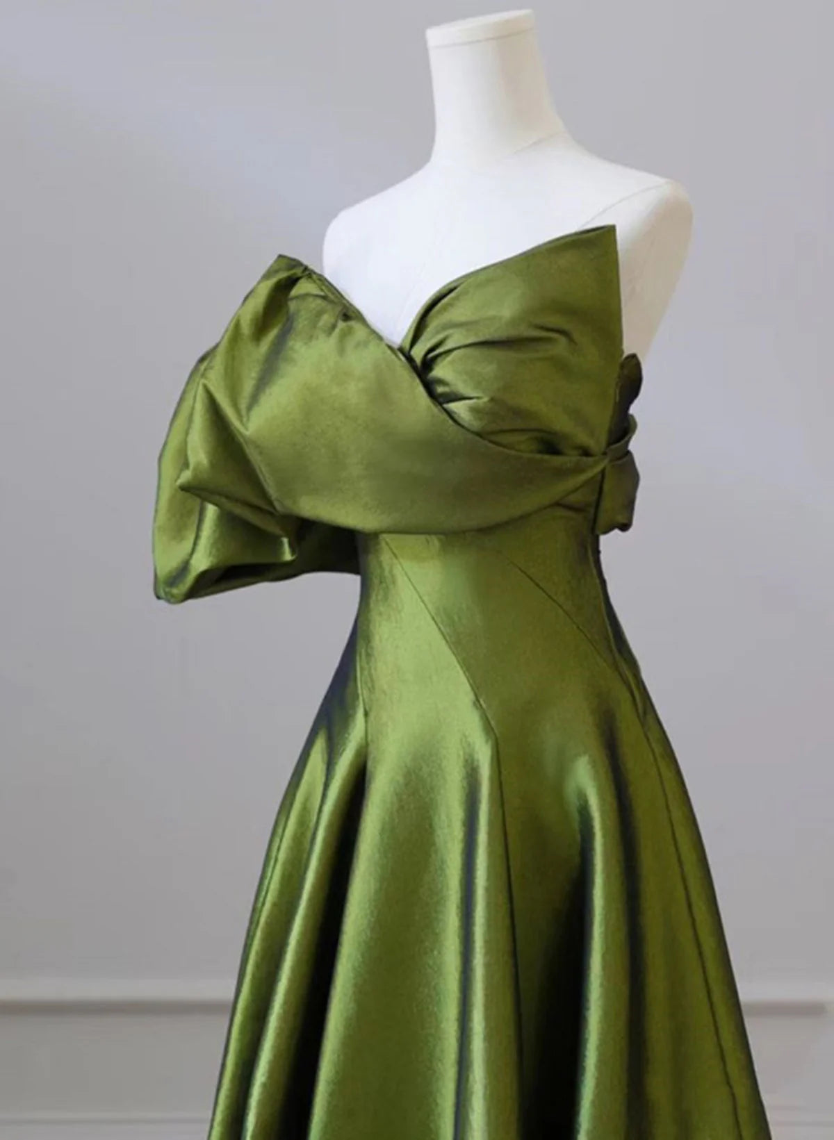 Green One-Shoulder Short Sleeves Backless Sweep Train Prom Dress, Green Party Dress TP1122