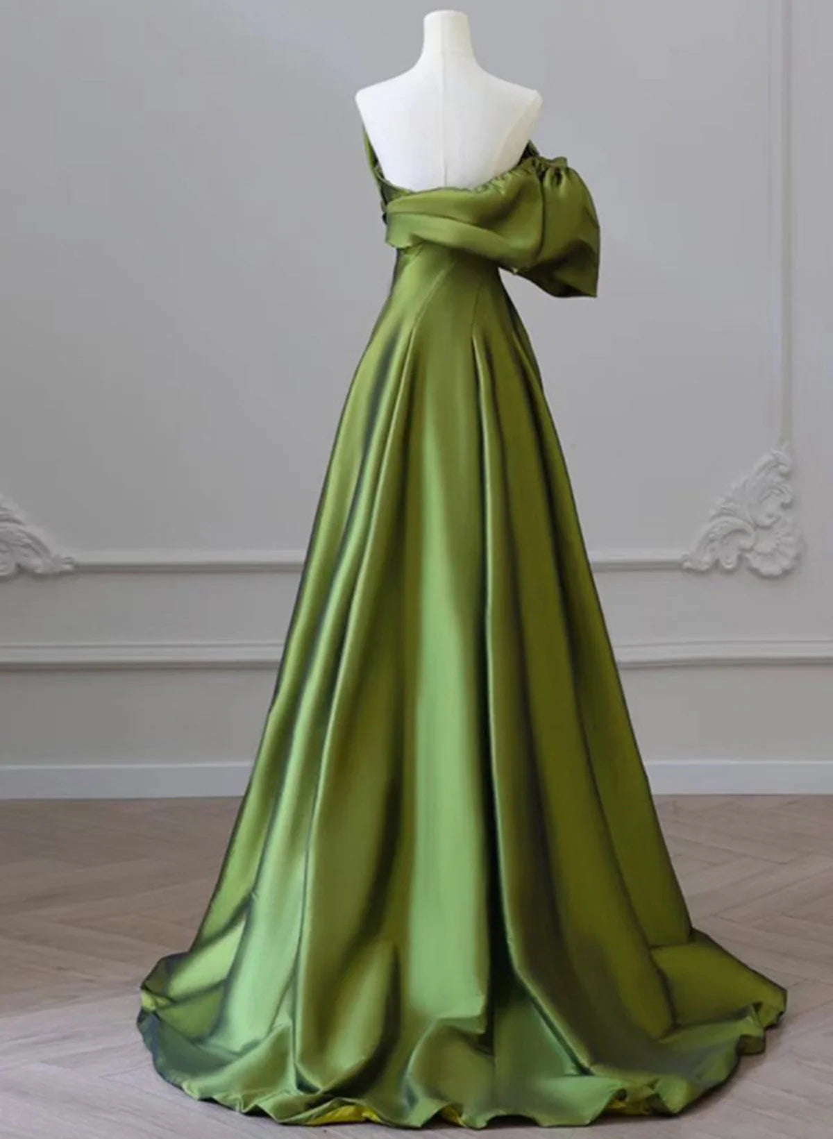 Green One-Shoulder Short Sleeves Backless Sweep Train Prom Dress, Green Party Dress TP1122