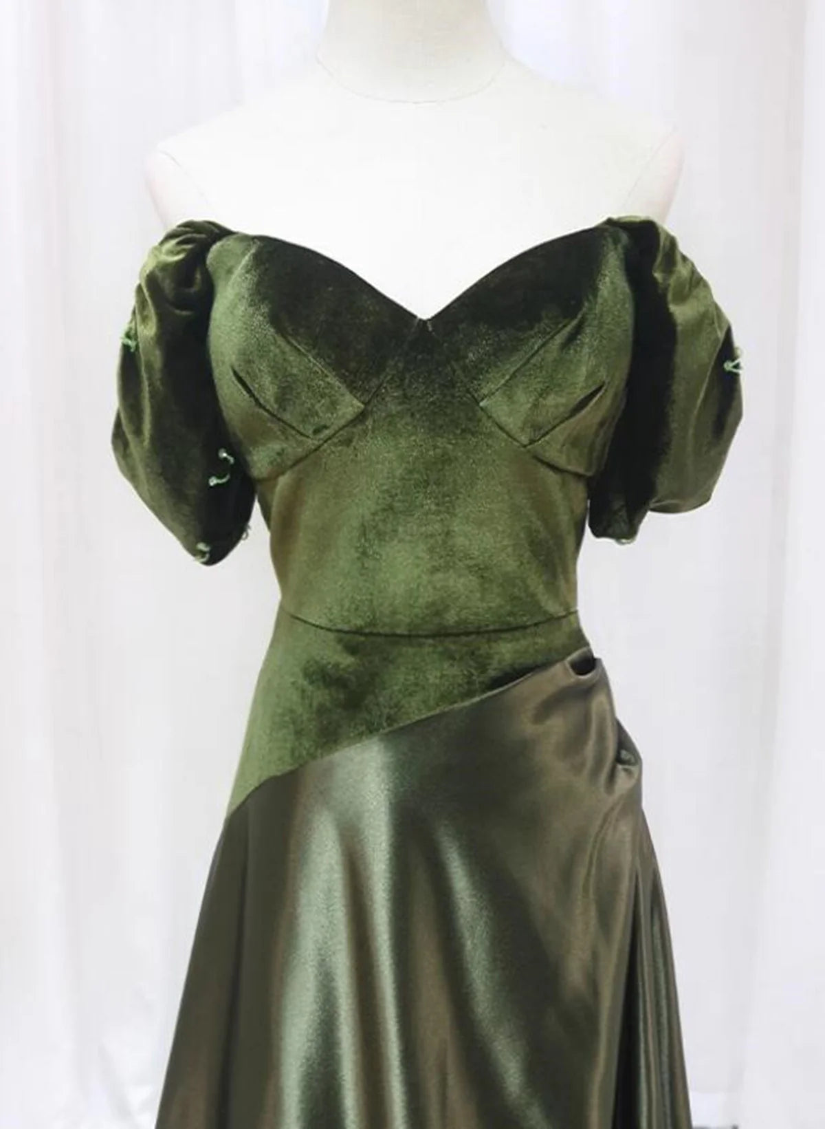 Green Velvet and Satin Off Shoulder Long Party Dress, Green Evening Dress Prom Dress TP1124