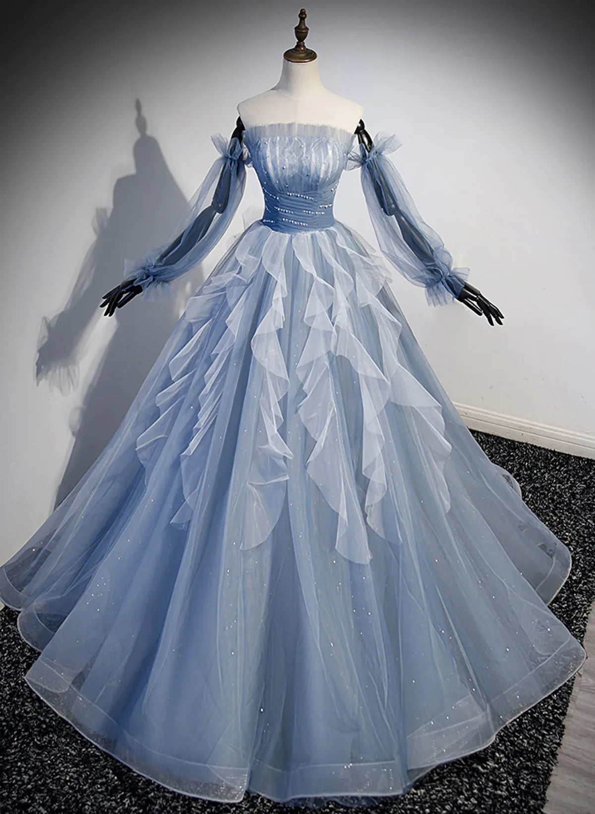 Blue Ball Gown Long Sleeves Beaded Party Dress, Blue Prom Dress Sweet 16 Dress TP1134