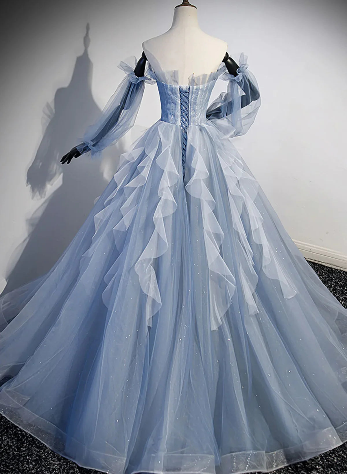 Blue Ball Gown Long Sleeves Beaded Party Dress, Blue Prom Dress Sweet 16 Dress TP1134
