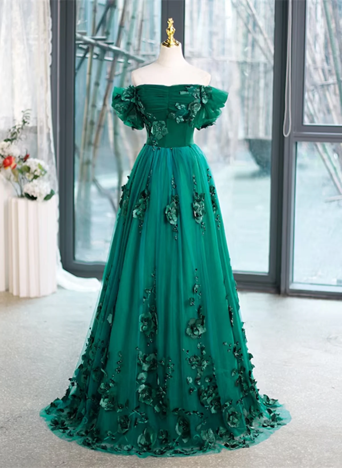 Green Off Shouldr Ball Gown Flowers Tulle Formal Dress, Green Floor Length Party Dress TP1137