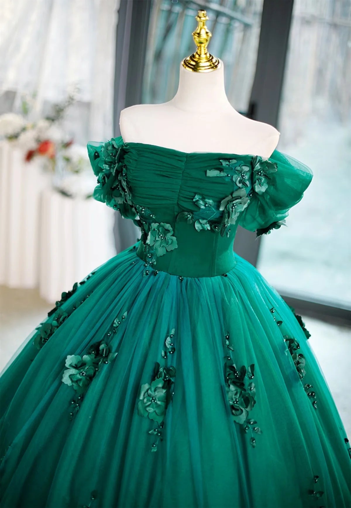 Green Off Shouldr Ball Gown Flowers Tulle Formal Dress, Green Floor Length Party Dress TP1137