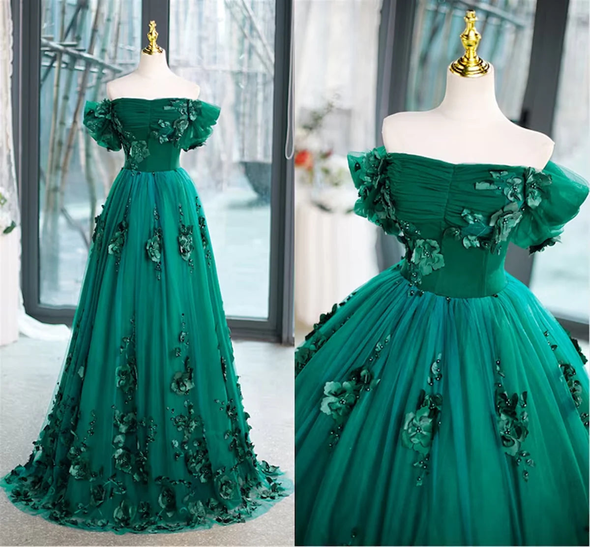 Green Off Shouldr Ball Gown Flowers Tulle Formal Dress, Green Floor Length Party Dress TP1137