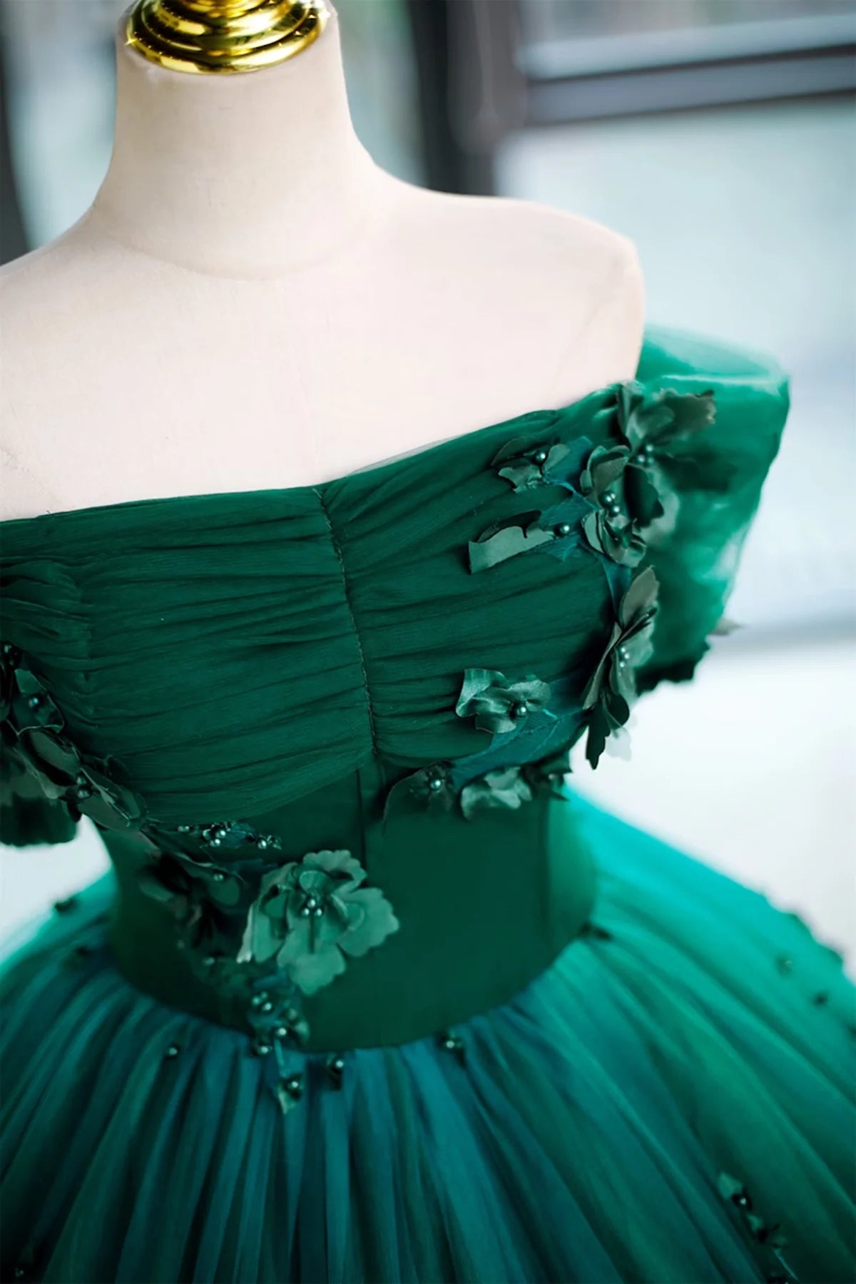Green Off Shouldr Ball Gown Flowers Tulle Formal Dress, Green Floor Length Party Dress TP1137