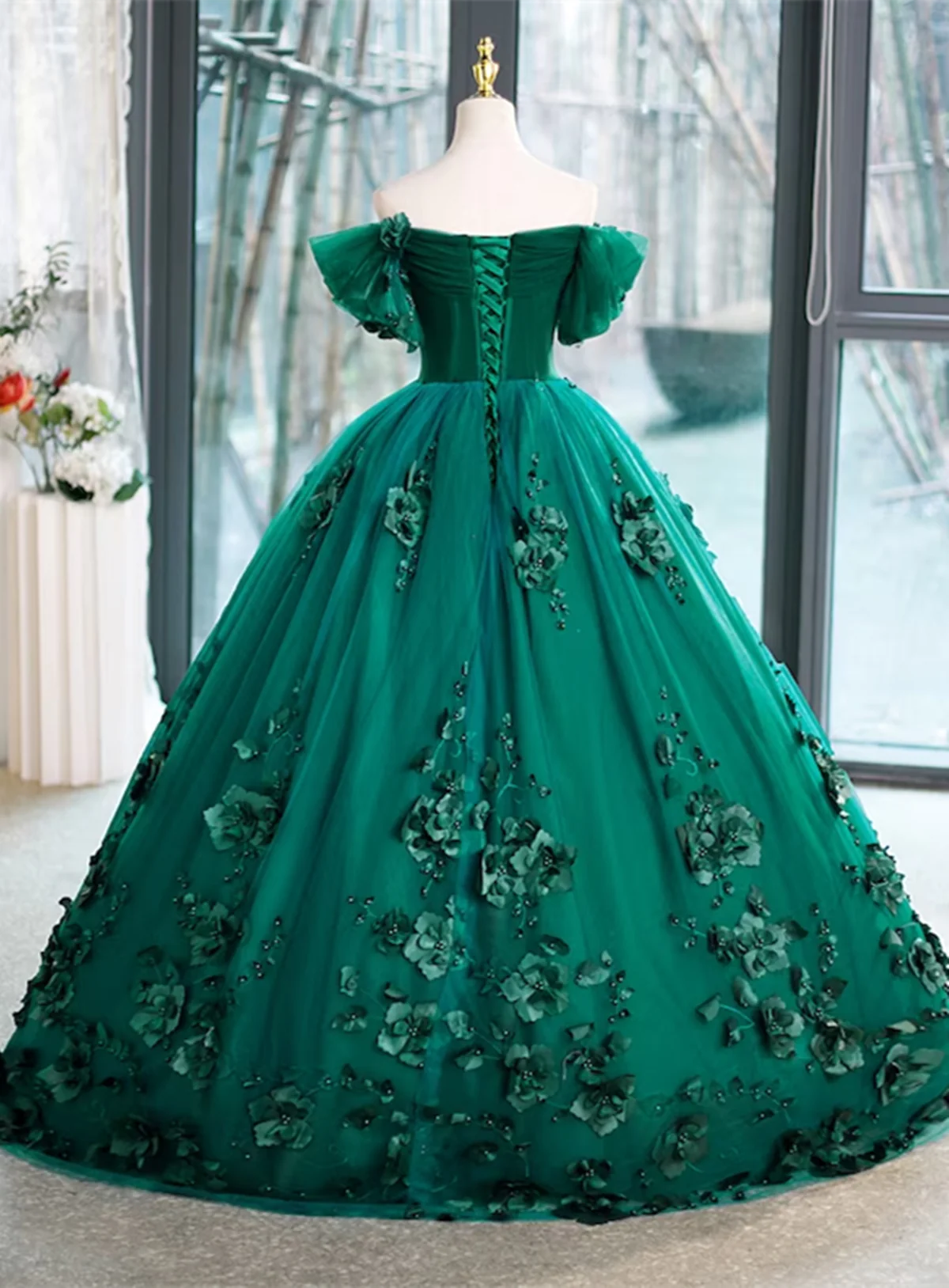 Green Off Shouldr Ball Gown Flowers Tulle Formal Dress, Green Floor Length Party Dress TP1137