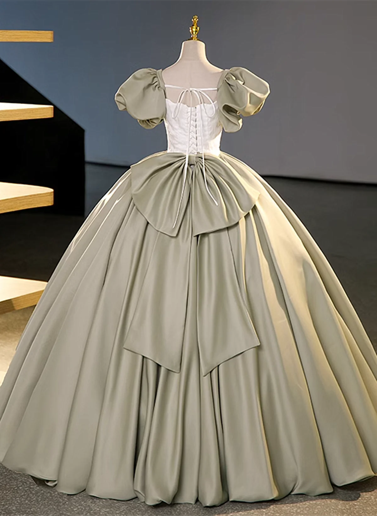 Green Short Sleeves Ball Gown Satin Long Sweetheart Dress, Green Long Formal Dress TP1138