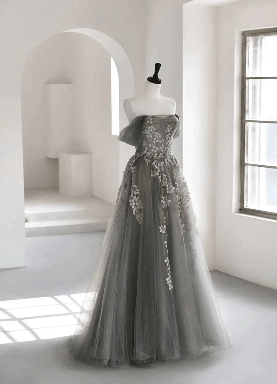 Grey Sweetheart Off Shoulder Tulle Long Party Dress, A-line Grey Prom Dress Evening Dress TP1140
