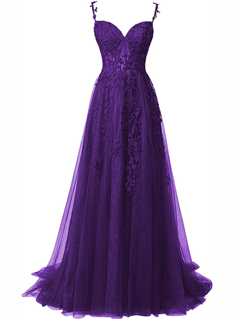 Purple Sweetheart Tulle with Lace Long Party Dress, A-line Tulle Long Prom Dress TP1148
