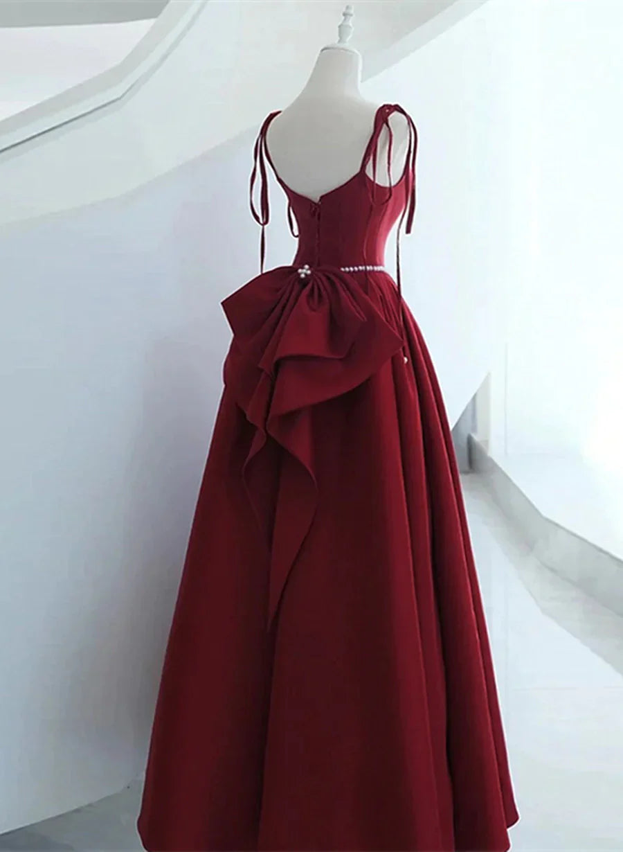 Wine Red Satin Straps Long Evening Dress, Wine Red Long Prom Dress TP1149
