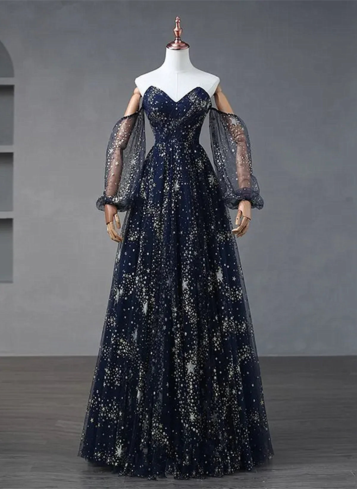 Navy Blue Tulle A-line Long Party Dress Evening Dress, Navy Blue Long Prom Dress TP1150