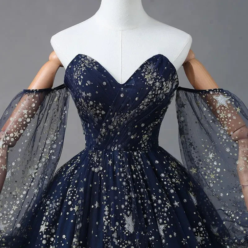 Navy Blue Tulle A-line Long Party Dress Evening Dress, Navy Blue Long Prom Dress TP1150