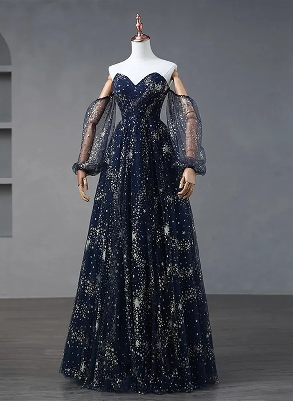 Navy Blue Tulle A-line Long Party Dress Evening Dress, Navy Blue Long Prom Dress TP1150