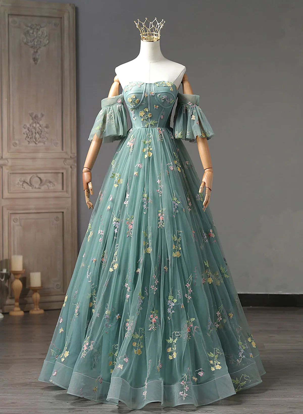 Green Floral Straps Sweetheart Long Party Dress, Green Sweet 16 Dress TP1152