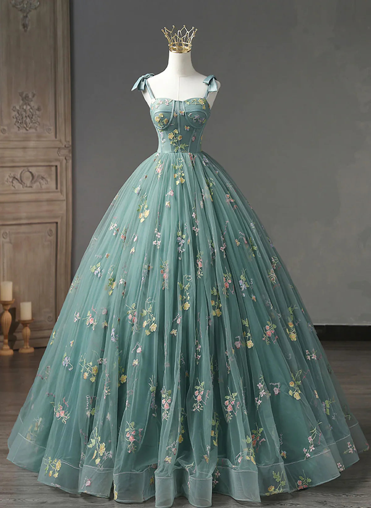 Green Floral Straps Sweetheart Long Party Dress, Green Sweet 16 Dress TP1152
