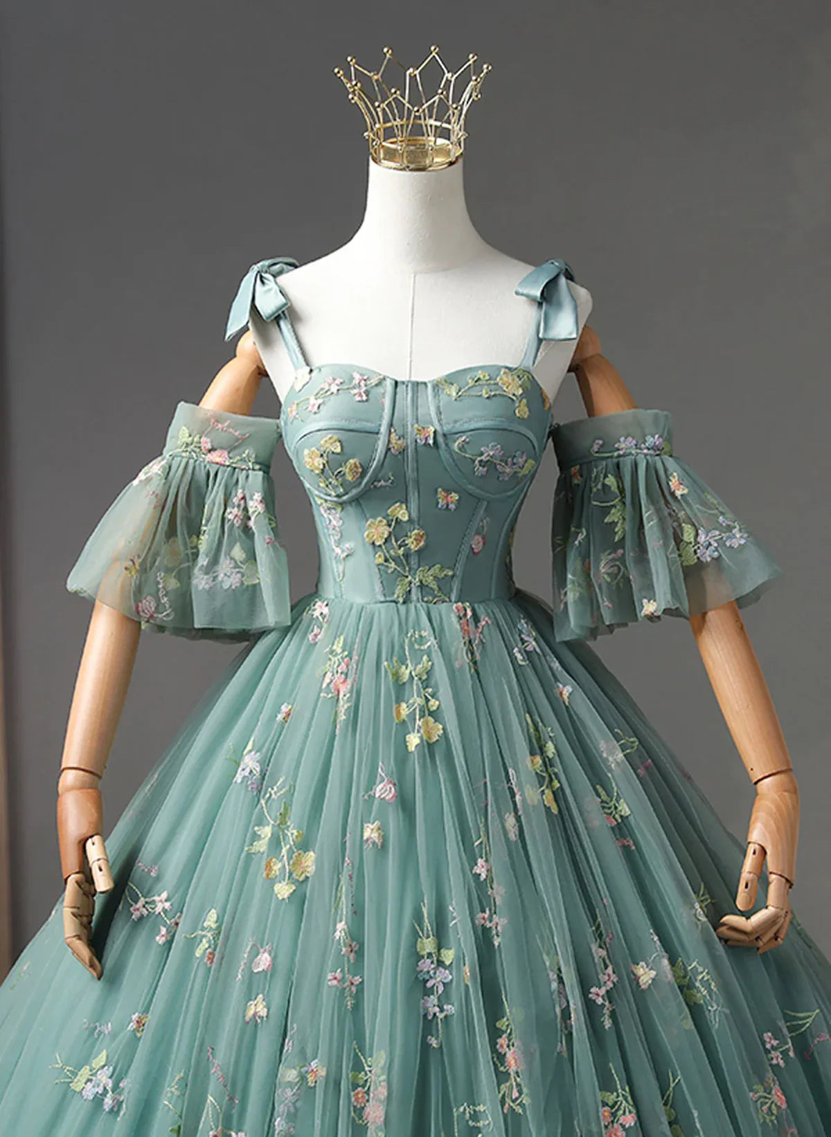 Green Floral Straps Sweetheart Long Party Dress, Green Sweet 16 Dress TP1152