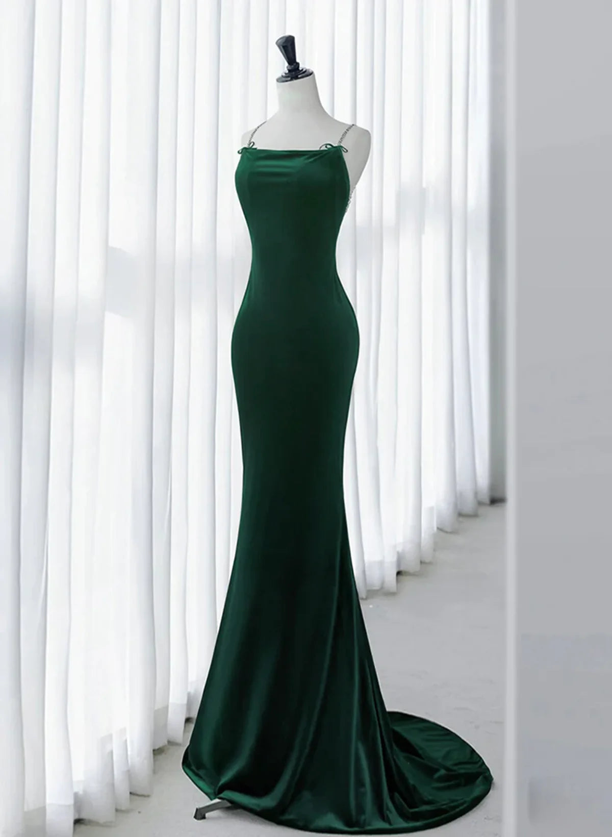 Green Mermaid Velvet Long Party Dress, Green Straps Velvet Evening Dress TP1154