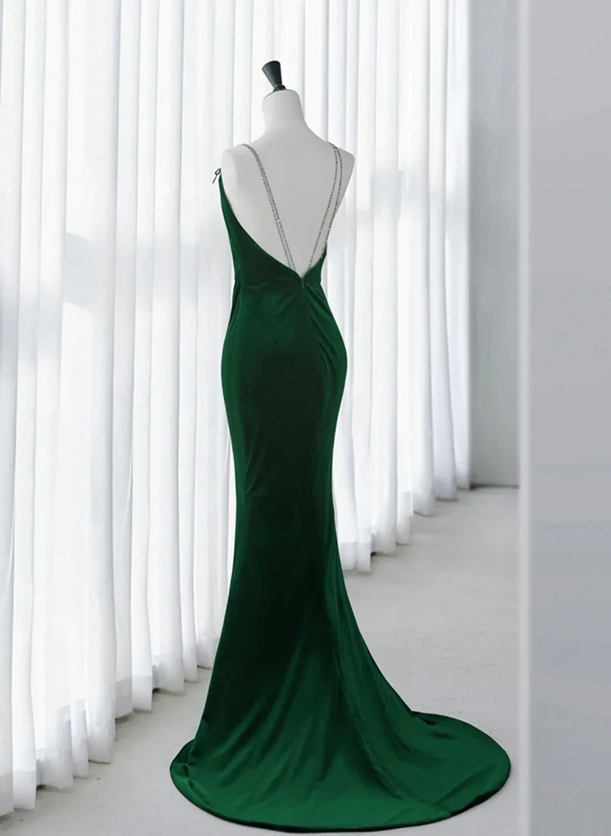Green Mermaid Velvet Long Party Dress, Green Straps Velvet Evening Dress TP1154