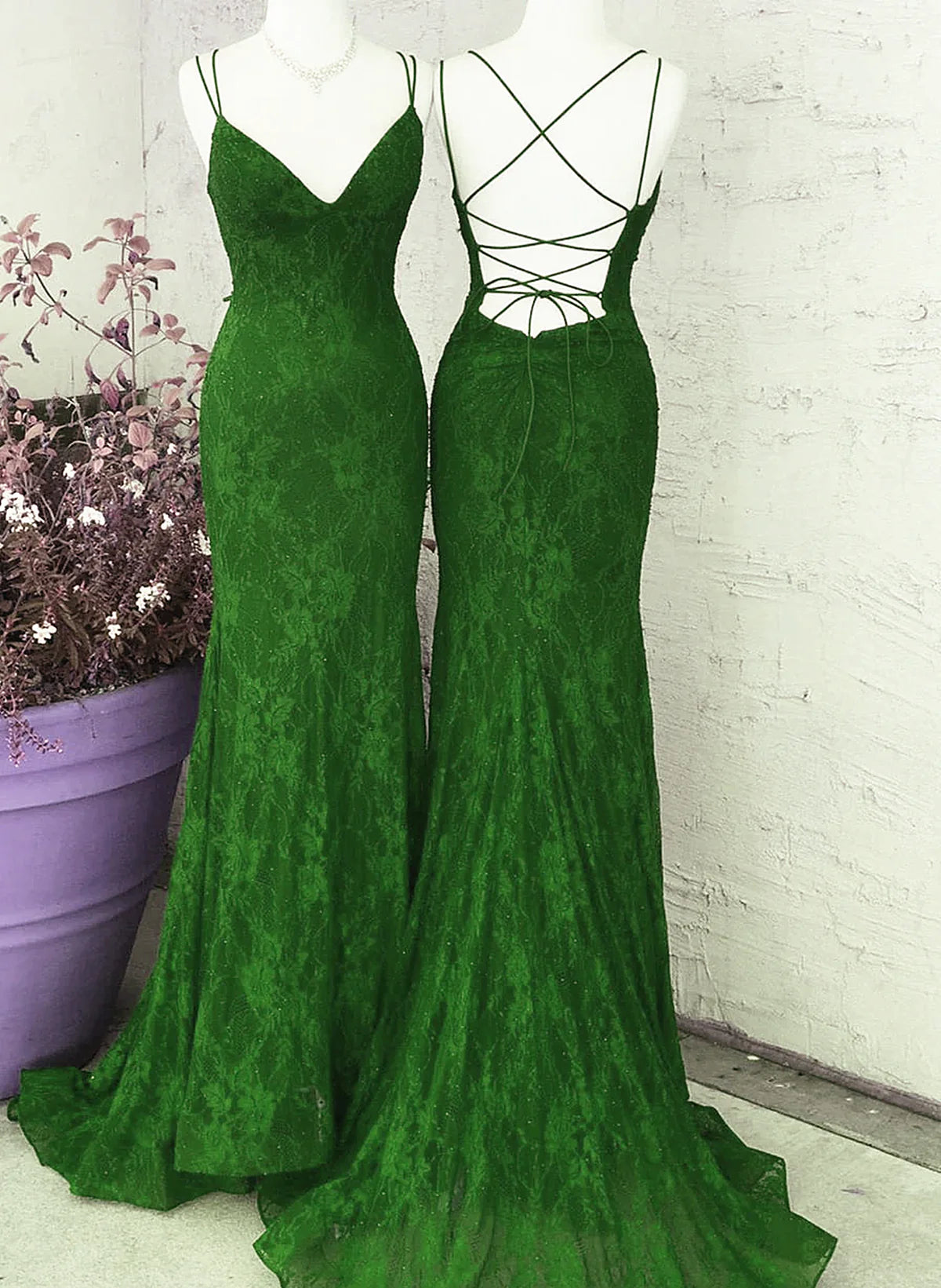 Green V-neckline Lace Cross Back Mermaid Party Dress, Green Long Evening Dress Prom Dress TP1155