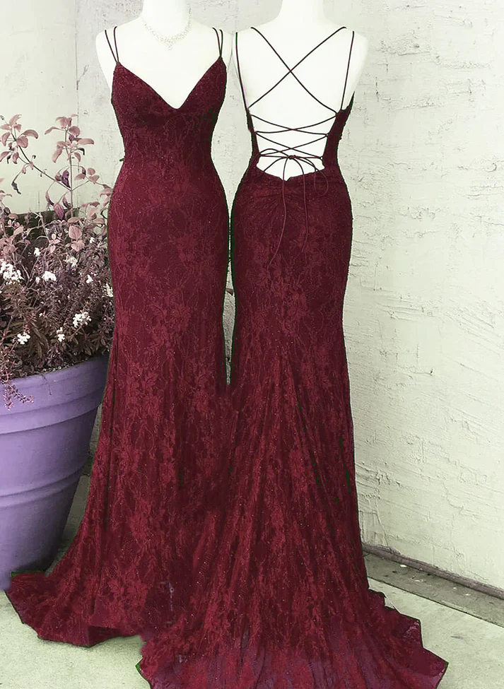 Green V-neckline Lace Cross Back Mermaid Party Dress, Green Long Evening Dress Prom Dress TP1155