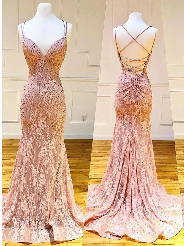 Green V-neckline Lace Cross Back Mermaid Party Dress, Green Long Evening Dress Prom Dress TP1155