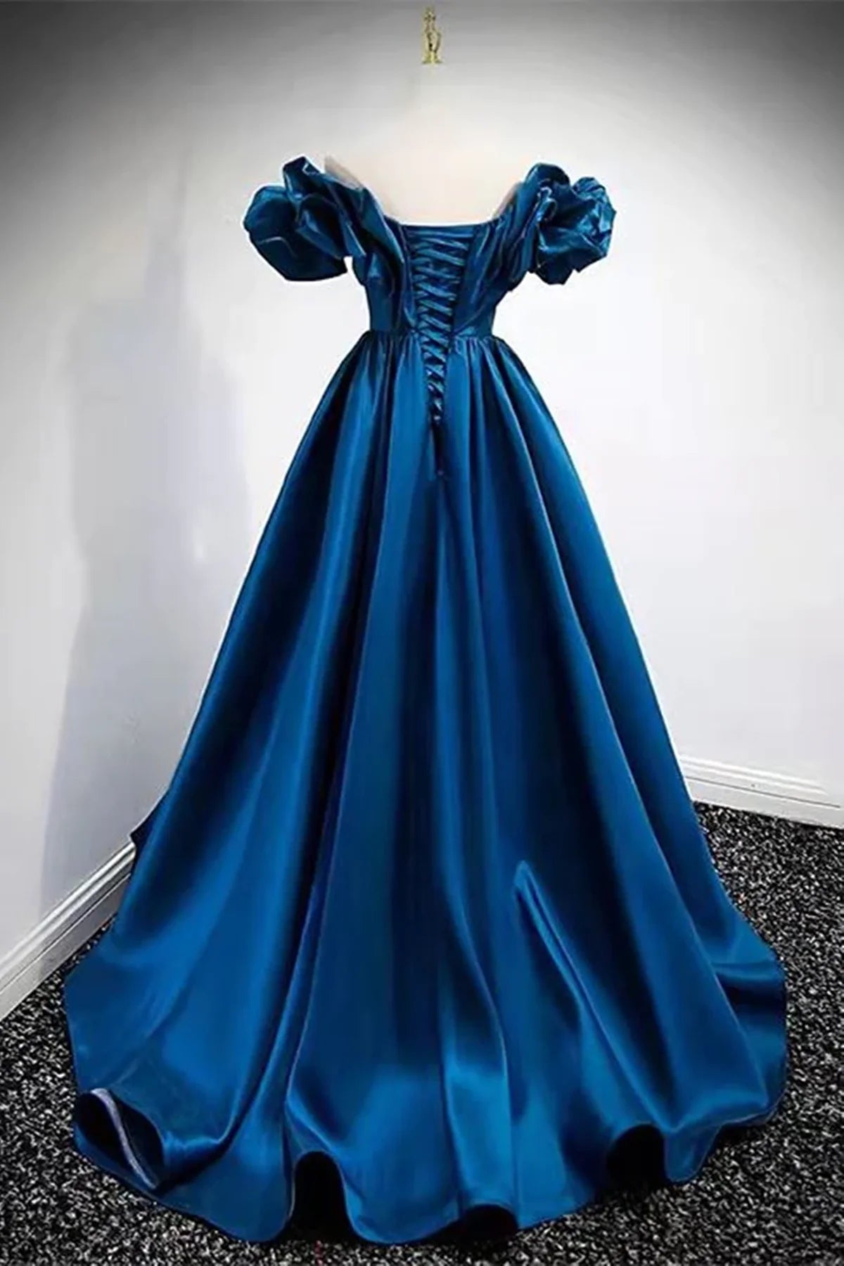 Blue Satin Long Off Shoulder A-line Prom Dress, Blue Sweetheart Evening Dress TP1163