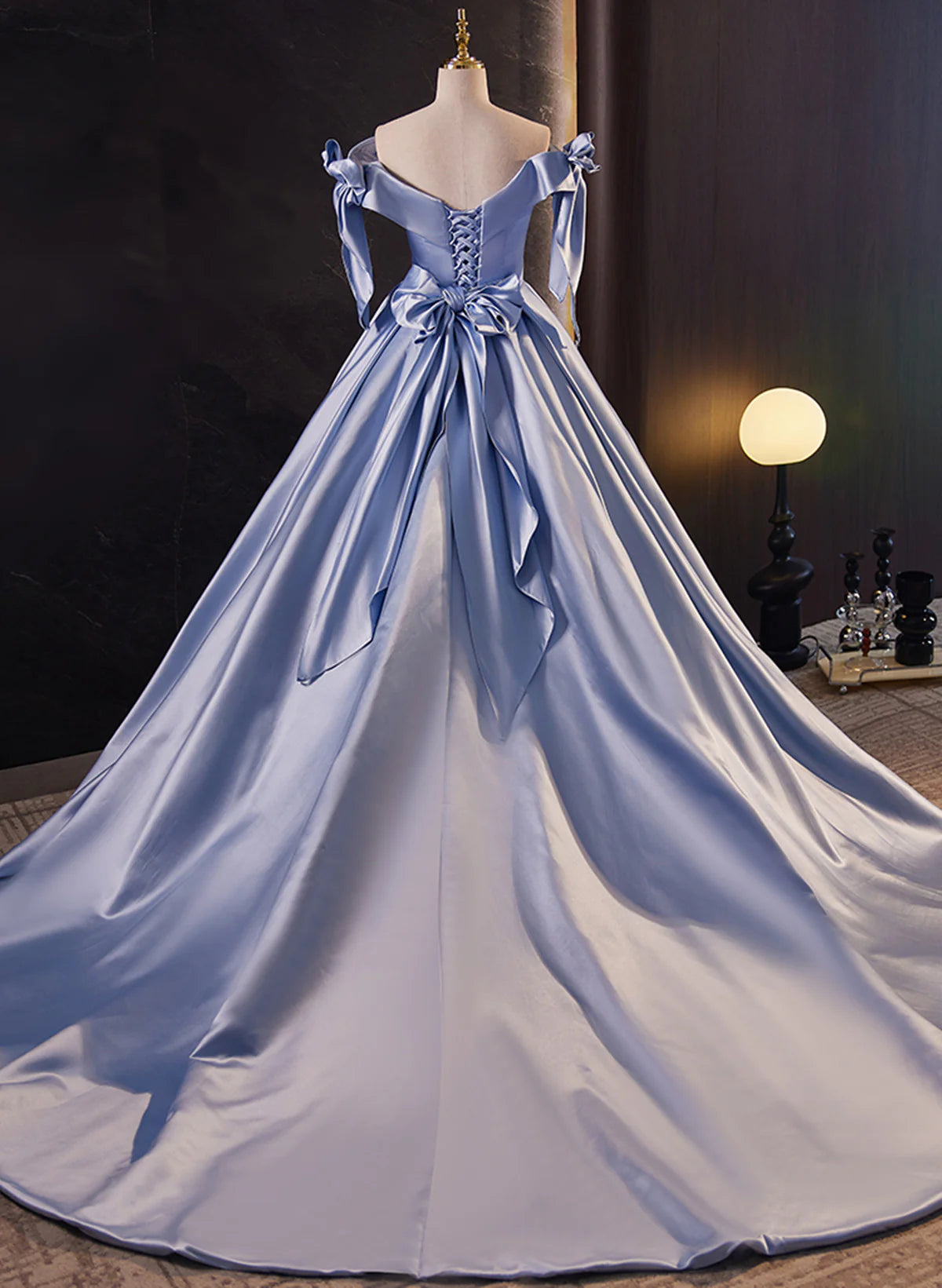 Blue Satin Off Shoulder Long Evening Dress Formal Dress, Blue Satin Prom Dress TP1164
