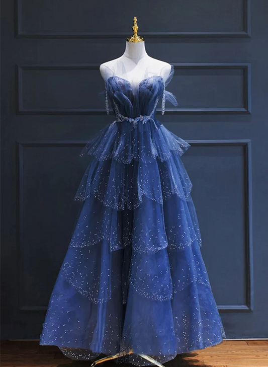 Blue Tulle Beaded Long Senior Prom Dress, A-Line Layers Beaded Long Evening Party Dress TP1166