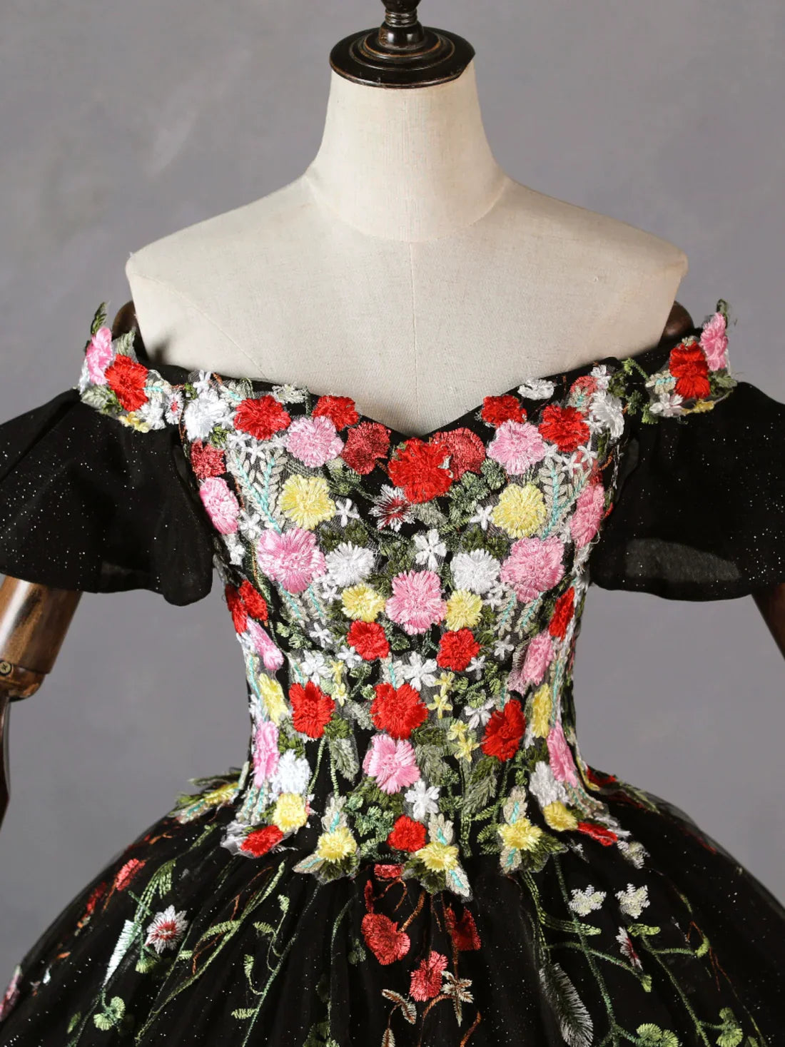 Black Tulle Ball Gown Sweetheart Formal Dress, Black Floral Sweet 16 Dress Evening Dress TP1179