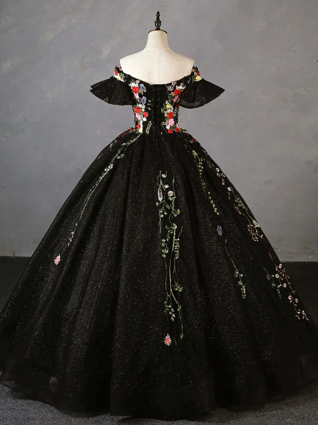 Black Tulle Ball Gown Sweetheart Formal Dress, Black Floral Sweet 16 Dress Evening Dress TP1179