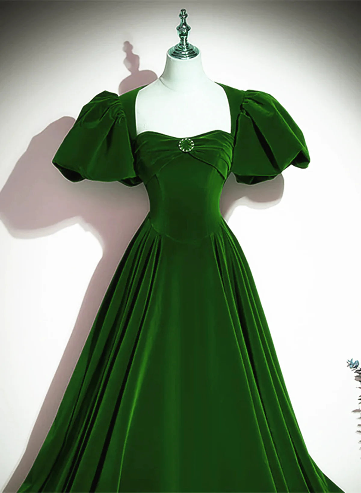 Green A-line Velvet Backless Long Party Dress, Green Short Sleeves Formal Dress Prom Dress TP1180