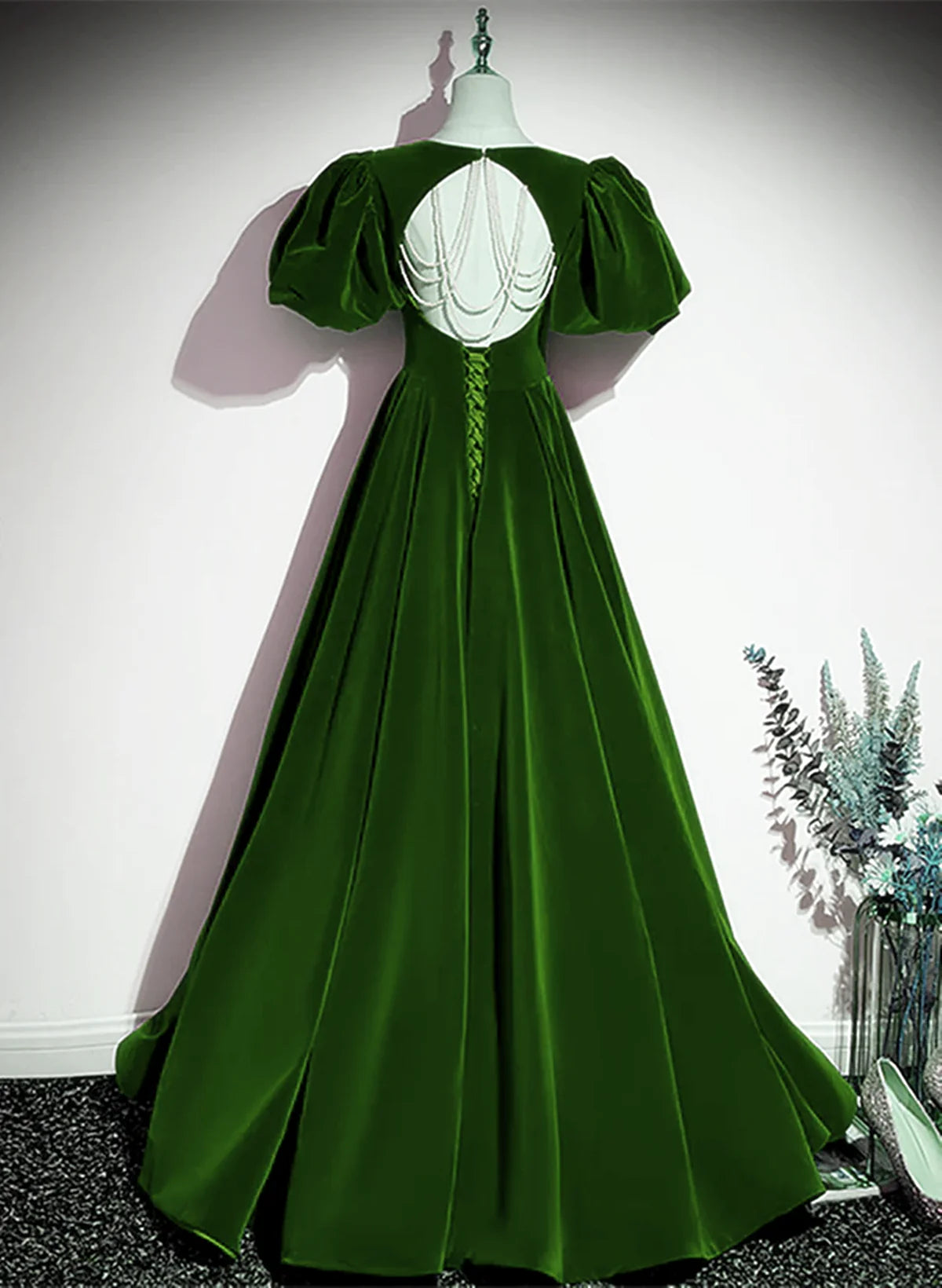 Green A-line Velvet Backless Long Party Dress, Green Short Sleeves Formal Dress Prom Dress TP1180