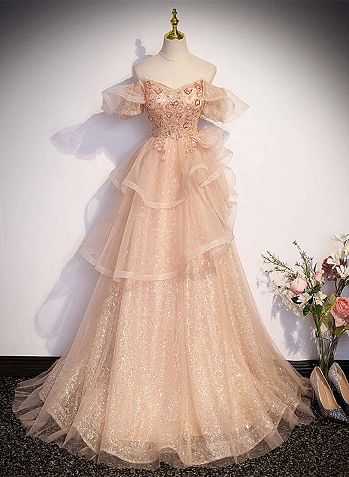 Cute A-line Shiny Tulle with Lace Off Shoulder Party Dress, Long Floor Length Prom Dress TP1183